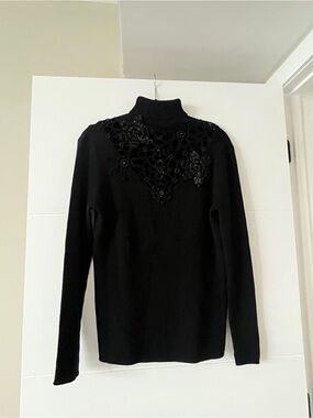 Vintage Moschino Cheap & Chic Black Virgin Wool Beaded Floral Turtleneck Sweater